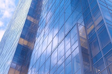 Obraz premium Generative AI. Modern glass skyscraper reflecting clouds and blue sky, showcasing architectural design and innovative construction techniques in an urban environment with a contemporary aesthetic