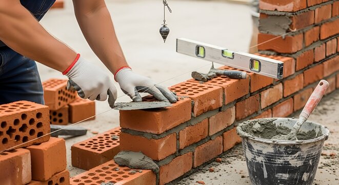 Skilled mason carefully laying red bricks with a trowel and mortar, using a level for precision on a construction site.