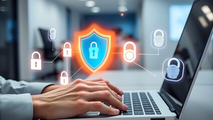 A close-up of a person's hands typing on a laptop, with a glowing security shield and network of padlocks symbolizing data protection and cybersecurity.