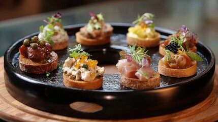 Eight assorted canap?s, artfully arranged on a circular black slate platter atop a wooden base, feature diverse toppings including fish, meat, caviar, and herbs