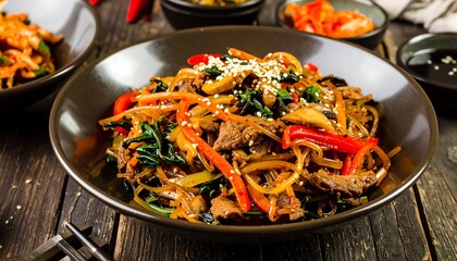 Japchae Korean Noodle Dish with Vegetables and Beef, Authentic Korean Japchae Dish with Beef and Fresh Vegetables on Dark Rustic Wooden Table