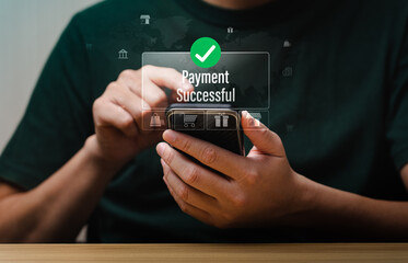 Mobile Online Payment and Digital Financial Transaction Success Concept with Man Using Smartphone and Laptop for E-commerce Secure Checkout and Mobile Banking System Technology