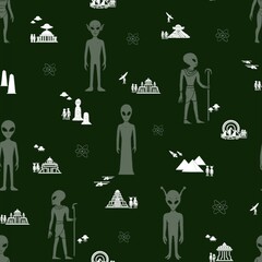 Seamless Alien Pattern – Extraterrestrial Beings, UFOs, and Ancient Temples in Futuristic Sci-Fi Design