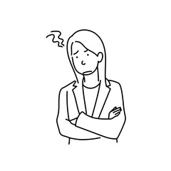 腕を組み困惑するスーツ姿の女性ビジネスパーソンの線画ベクターイラストレーション 白背景