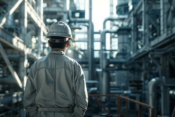 工場内部で設備を点検する日本人作業員の後ろ姿と配管群