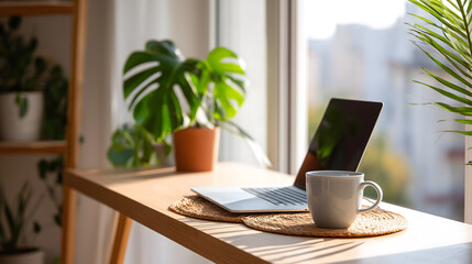 Fototapeta premium Minimalist Home Office Setup - Modern Remote Workspace with Laptop, Coffee Mug and Houseplants by Sunlit Window