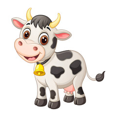 Fototapeta premium The image depicts a smiling cartoon cow with black spots, a bell, and a cheerful expression.