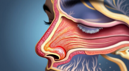 Rhinitis concept ,detailed cutaway view of human nose, showcasing inflamed nasal passages and surrounding structures
