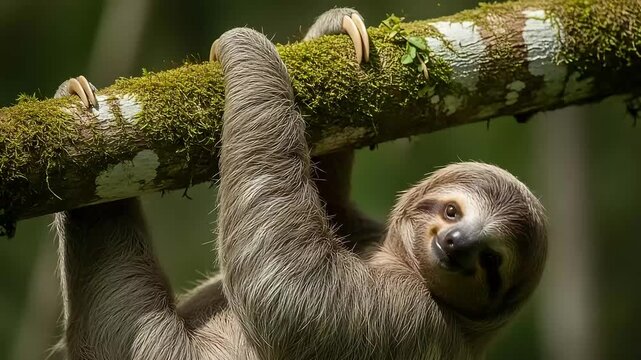 Vector art of a cute two toed sloth hangs from a mossy branch in the jungles of costa rica with a blurred background