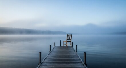 Fototapeta premium Waiting by the Water: A Lonely Chair on a Misty Lake Pier