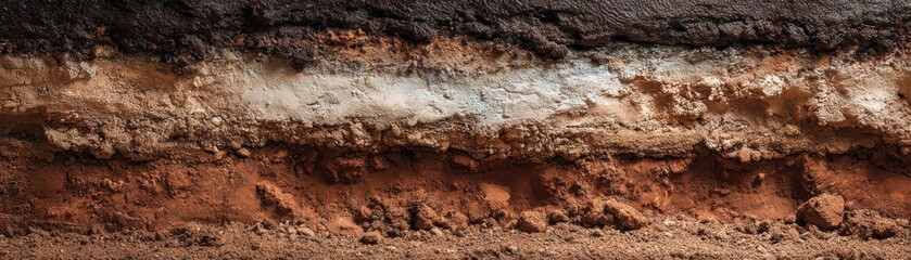 A layered cross-section of soil showcasing various textures and colors of earth, including rich brown, gray, and dark layers.