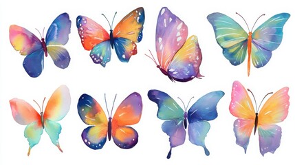 A vibrant collection of watercolor butterflies in various colors, showcasing their delicate wings and artistic beauty.