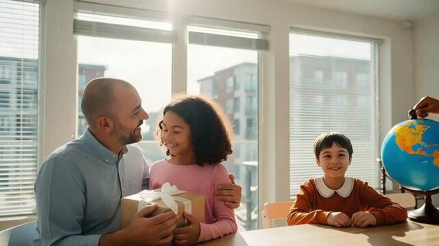 A loving father receives a thoughtful gift from his daughter while his son watches during a family celebration at home