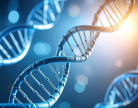 A detailed, futuristic digital representation of a glowing DNA helix, symbolizing genetic research, molecular biology, and the future of personalized medicine.