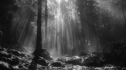Obraz premium Sunbeams in Foggy Forest