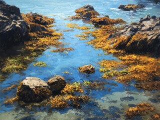 Coastal rock pool, ocean waves, seaweed, sunny day, tranquil scene, nature background, travel brochure