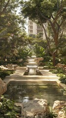 Tranquil garden water feature near building
