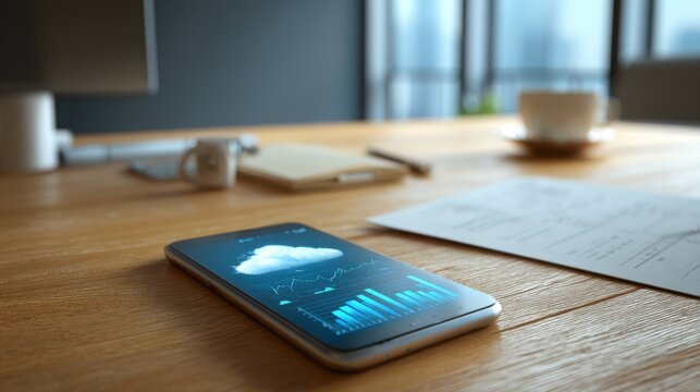 A smartphone displaying weather data rests on a wooden desk, accompanied by a coffee cup and documents, suggesting a productive workspace. - Powered by Adobe