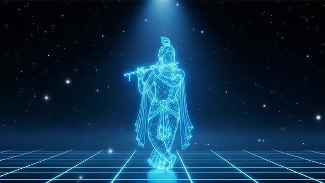Lord Krishna playing flute in a blue lit space, janmashtami celebration. Ideal for festive greetings, religious content, spiritual designs.