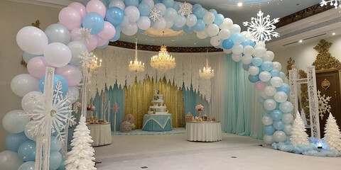 Elegant Frozen-inspired party with pastel icy balloons, lace-like snowflake garlands, and a shimmering gold-and-silver backdrop, inside a royal ice palace hall, ultra-HD.

