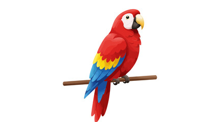 Fototapeta premium A Vivid Scarlet Macaw Perched Gracefully on a Wooden Branch Against a Pure White Background Showcasing Its Vibrant Plumage of Red Yellow and Blue Feathers
