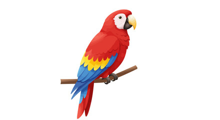 Fototapeta premium A vibrant scarlet macaw with striking red blue and yellow plumage perches gracefully on a natural wooden branch displaying its tropical beauty and exotic charm against a clean white background a truly
