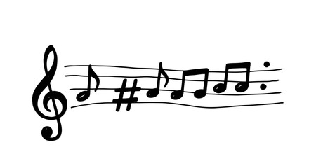 An artistic hand drawn musical staff with treble clef and various notes and sharps creating a simple yet elegant melody line for creative projects