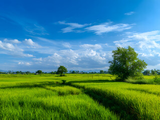 Obraz premium Breathe easy with this sunny landscape, tranquil rice field with dramatic sky and lush green countryside