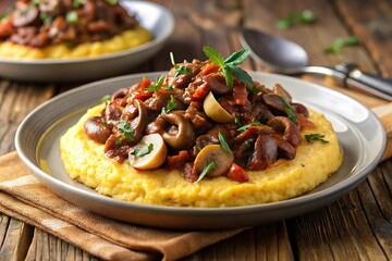 Hearty mushroom ragout served over creamy polenta on rustic table