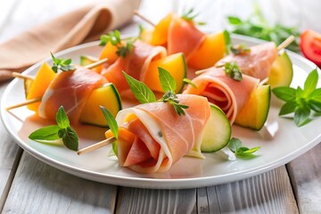 Refreshing melon and prosciutto skewers with fresh herbs and tomatoes