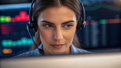 Focused professional engaged in threat hunting in cloud networks, analyzing data with headset in modern office environment