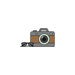 Fototapeta premium A vintage film camera with a classic black lens, isolated on a white background, represents obsolete photographic equipment