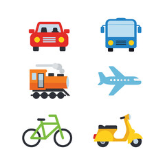 A vibrant vector set of transportation icons including cars, buses, trains, and planes for all your travel and delivery needs