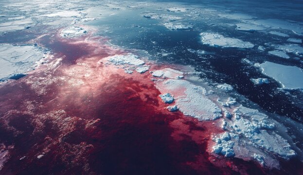 Aerial view of red algae bloom amidst Arctic ice floes, showing climate change impact; used for environmental reports