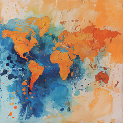 Naklejka premium A painting of the world with blue and orange colors. The blue represents the oceans and the orange represents the land. The painting has a sense of movement and energy