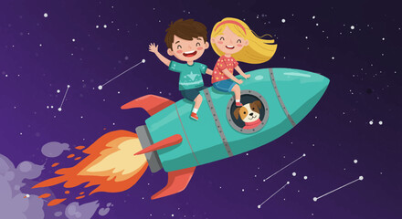 Adorable young boy and girl with their furry dog companion embarking on an exciting interstellar adventure aboard a vibrant turquoise rocketship soaring through the starry cosmos leaving a trail of fi