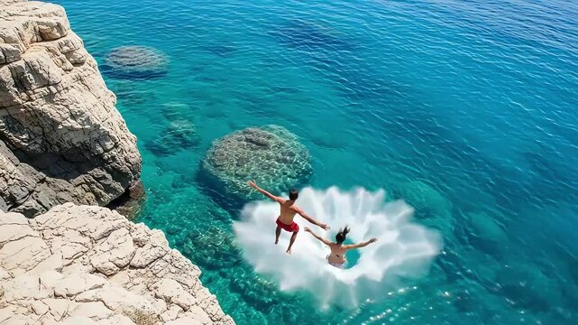Young couple jumping off a cliff into the turquoise sea enjoying summer vacation and the freedom of travel