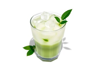 A vibrant, creamy iced matcha latte is shown in a clear  cup, filled to the brim with a rich green liquid and topped with a generous amount of ice cubes. 