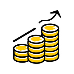 stack of coins with arrow up hand drawing icon for web and graphic design
