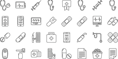 Medical and healthcare icon set featuring medicine, health, hospital, doctor, treatment, care, pharmacy, stethoscope, syringe, pill, and bandage
