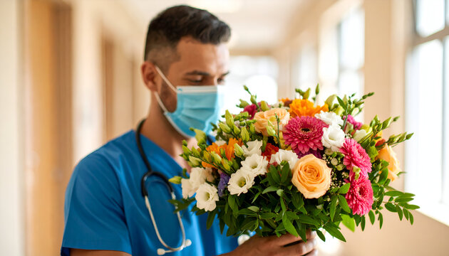 Doctor smelling flowers with hospital hallway.