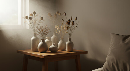 Minimalist Dried Flower Vases on Wooden Table Bathed in Soft Window Light, Cozy Home Decor