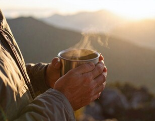 温かいコーヒーを飲みながら朝日を楽しむ男性