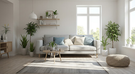 Fototapeta premium Bright and Modern Living Room Interior with Sofa, Natural Light, and Green Houseplants