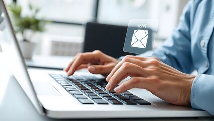 Closeup of a business person's hands typing on a laptop keyboard, sending an email message. Digital communication and newsletter marketing concept.