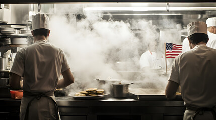 Busy kitchen scene with chefs cooking amidst steam and an american flag in the background