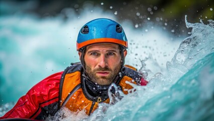Determined kayaker navigates turbulent waters in alpine region showcasing skill and bravery