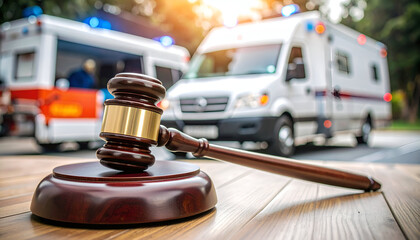 Gavel with Ambulances, and Accident Lawsuit.