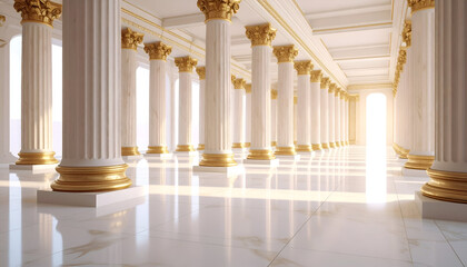 Grand Hall with Marble Columns, and Sunlight.