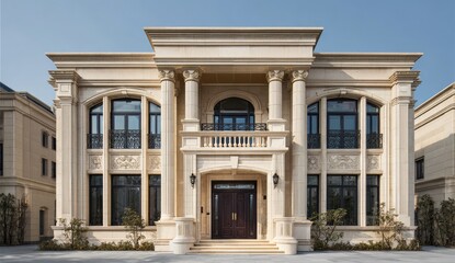 Obraz premium Elegant stone mansion, exterior view, sunny day, suburban setting, real estate listing